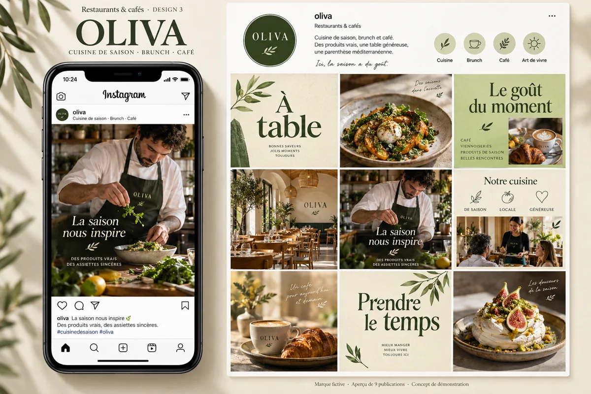 Exemple de l’univers OLIVA pour Restaurants & cafés : grille de neuf créations et aperçu sur téléphone